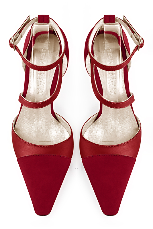 Cardinal red women's open side shoes, with snake-shaped straps. Tapered toe. High slim heel. Top view - Florence KOOIJMAN